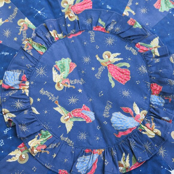 Handmade Quilted Holiday Blue Cotton Angels Round Table Runner Home Décor 29 " - Picture 2 of 5